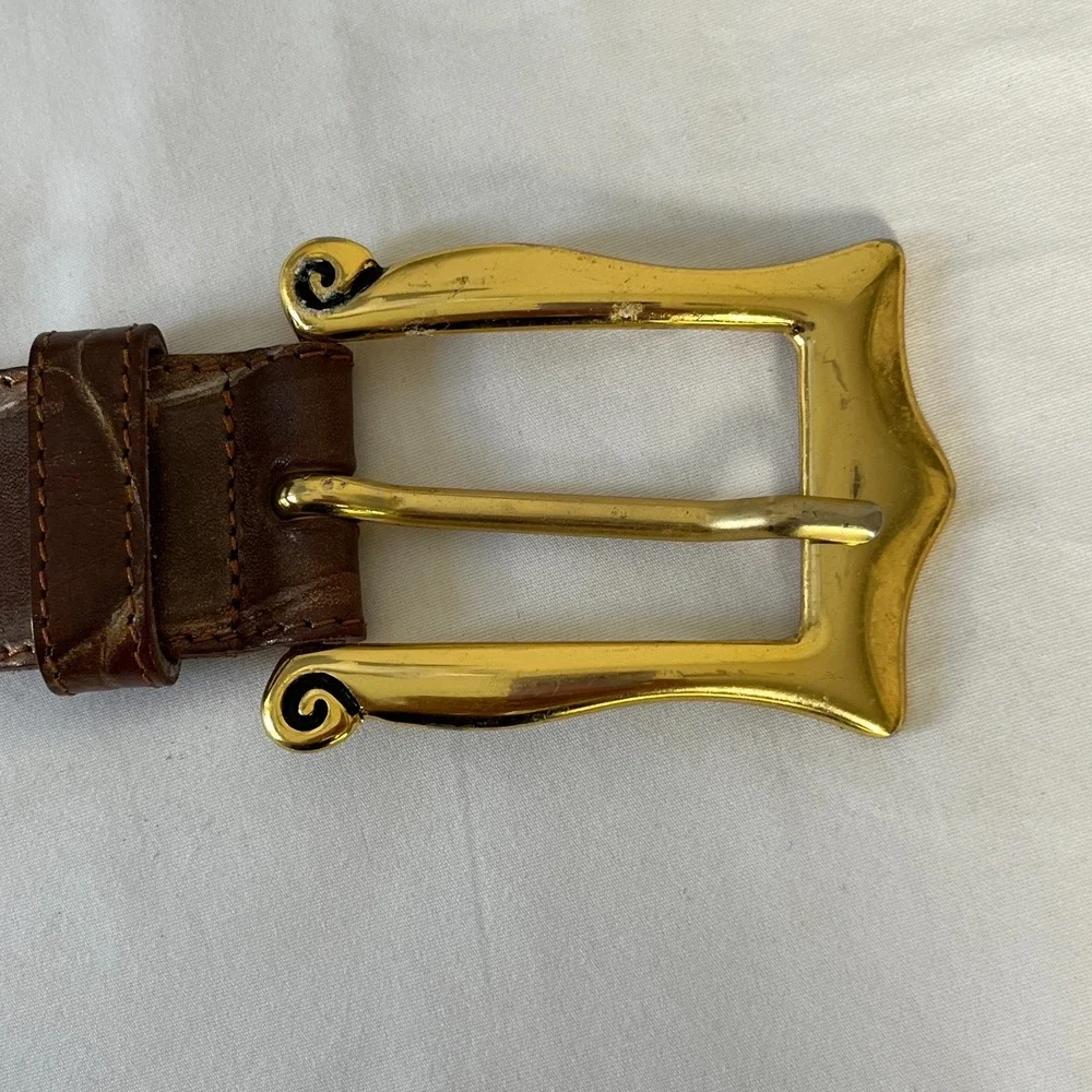 Vtg Linea Pelle Belt Croc Embossed Leather Brown/Gold Tone‎ Buckle Italy M Boho